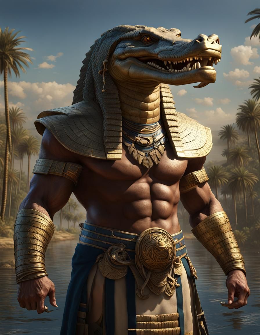 Sobek, Egyptian Crocodile God, in Dark Fantasy Style