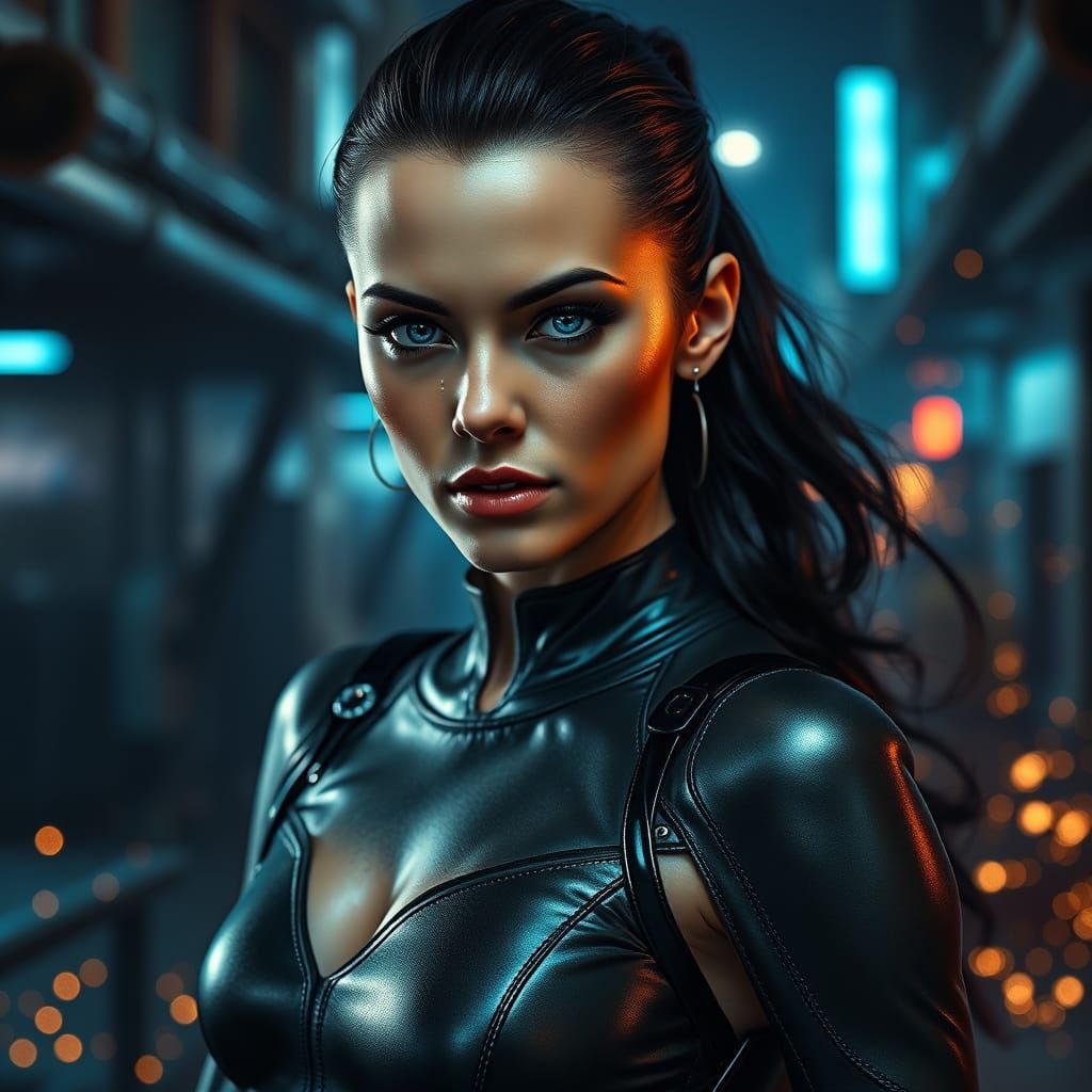 Futuristic Slavic Terminator: Dark-Haired Femme Fatale in Cy...