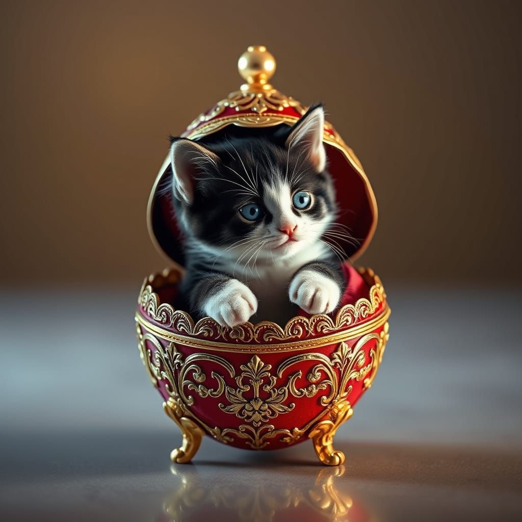 Surrealist Fabergé Egg with Lifelike Kitten in Intricate Gol...