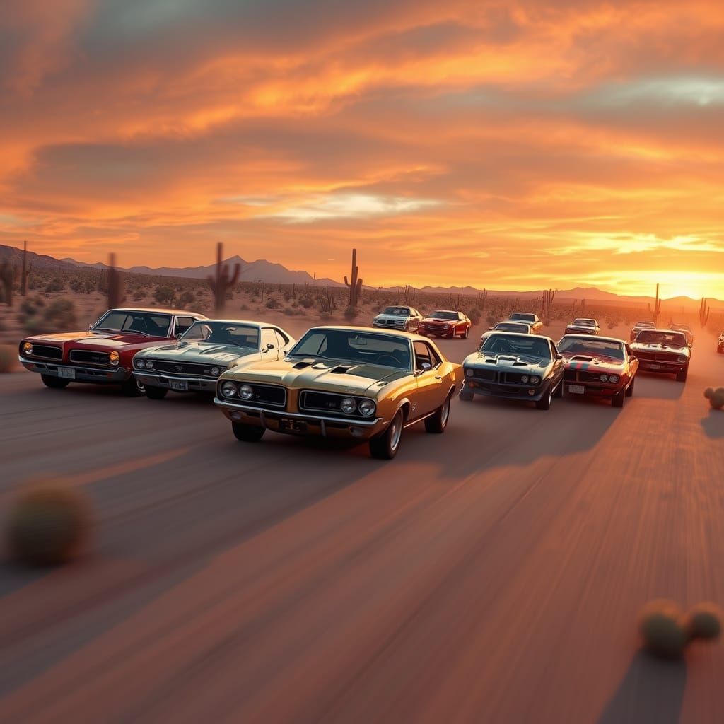 Iconic Muscle Cars Race Through Desert Sunset