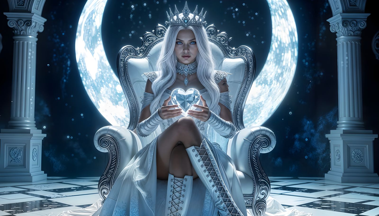 Steampunk Gothic Woman on Throne, Moonlit Scene