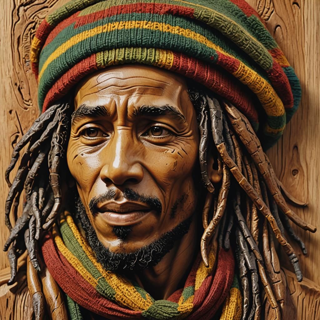 Hyperrealistic Wood Carving of Bob Marley Portrait