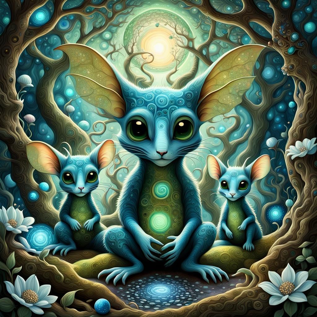 Joyful Alien Dragon-Mice in Fractal Garden