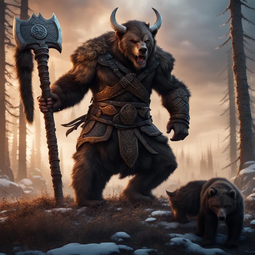 Viking Berserker Bear Form on Battlefield: Fantasy Art