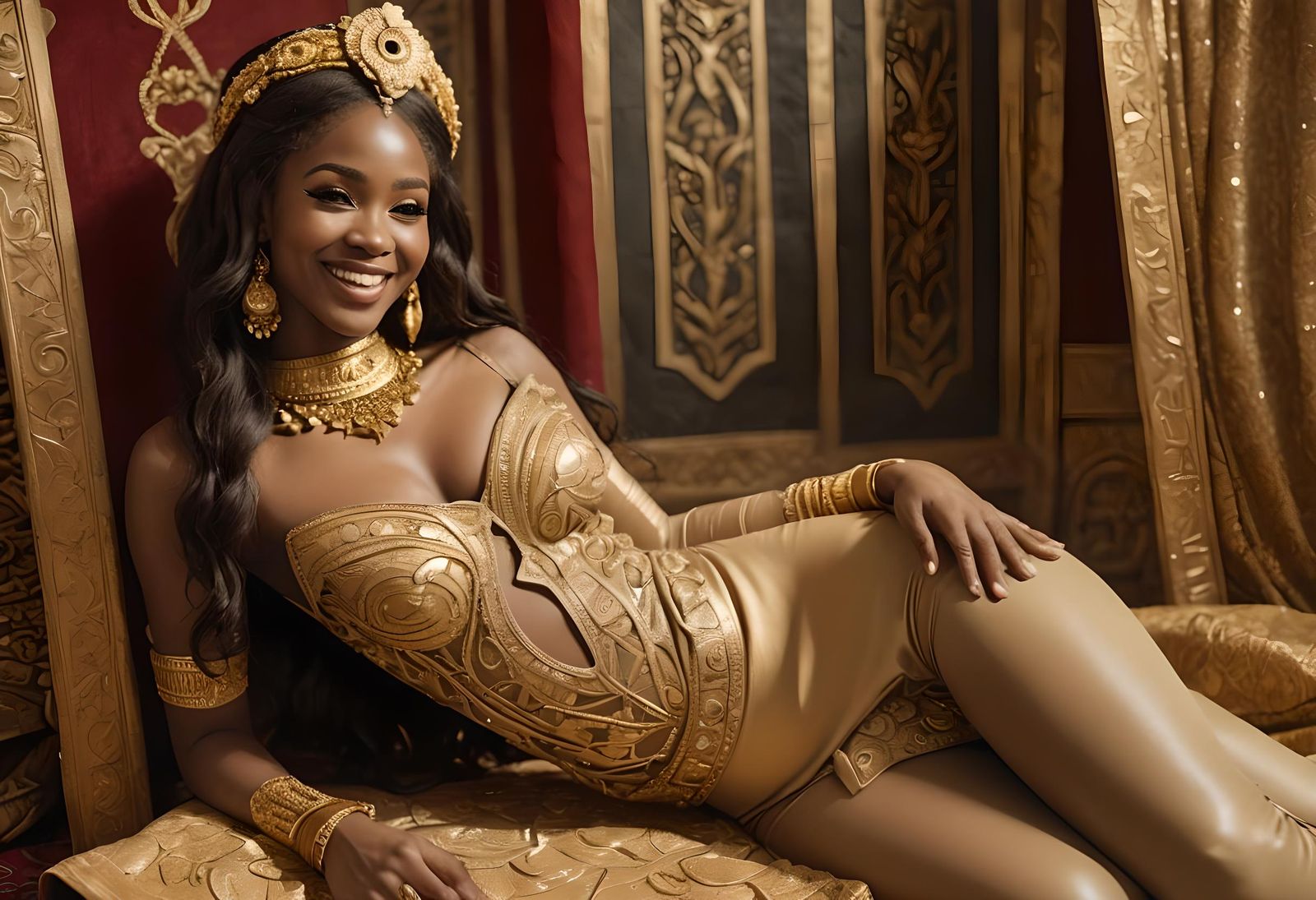 Radiant African Woman Stretching in Golden Wear
