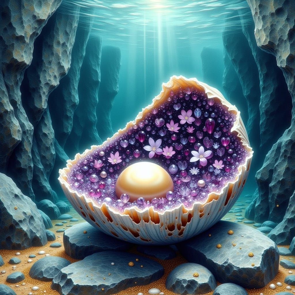 Pearl Amidst Amethyst Labyrinth on Ocean Floor
