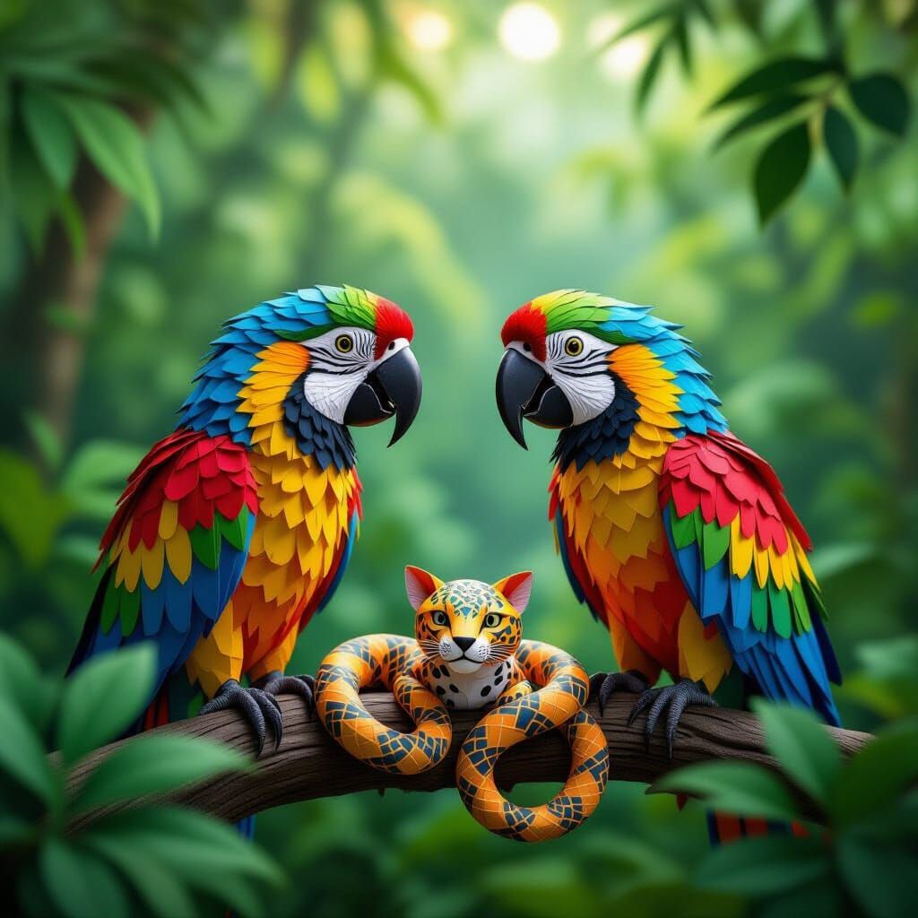 Origami Jungle with Vibrant Macaws and Jaguars