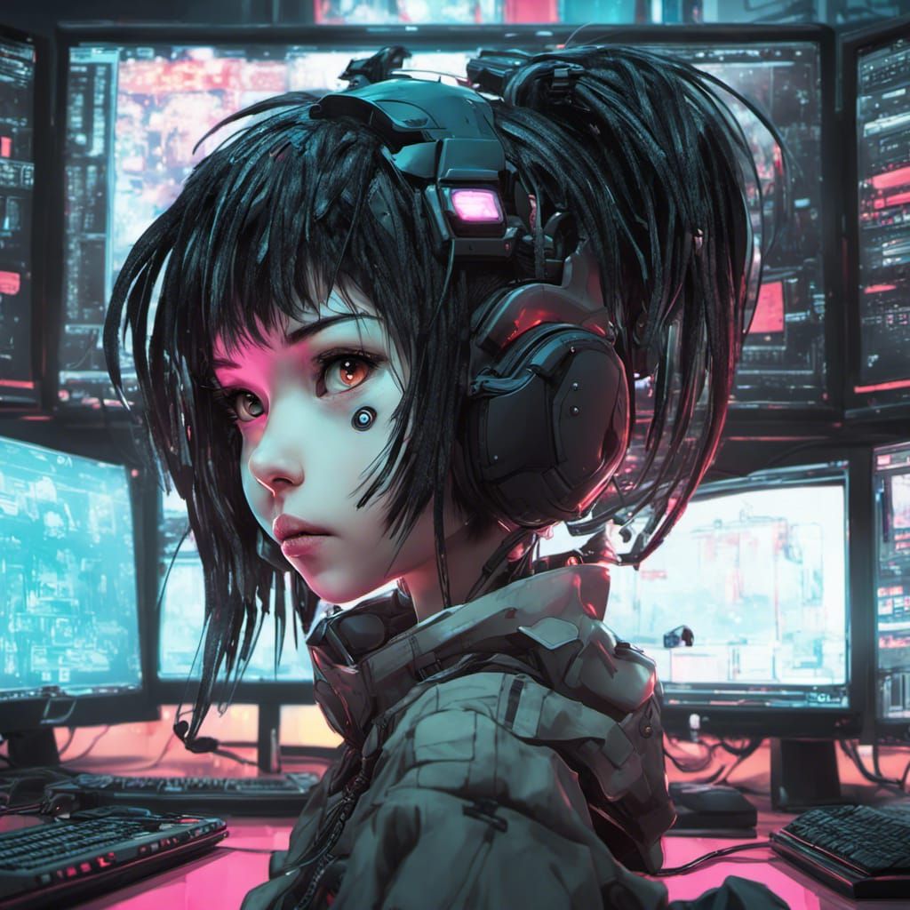 Cyberpunk Computer-Head Girl in Anime Style