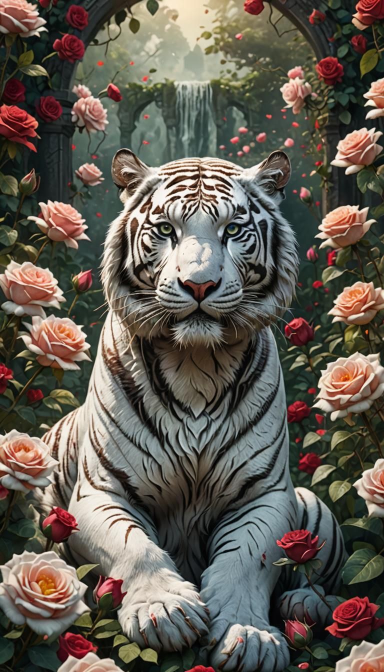 White Tiger Among Roses: Detailed Matte Painting