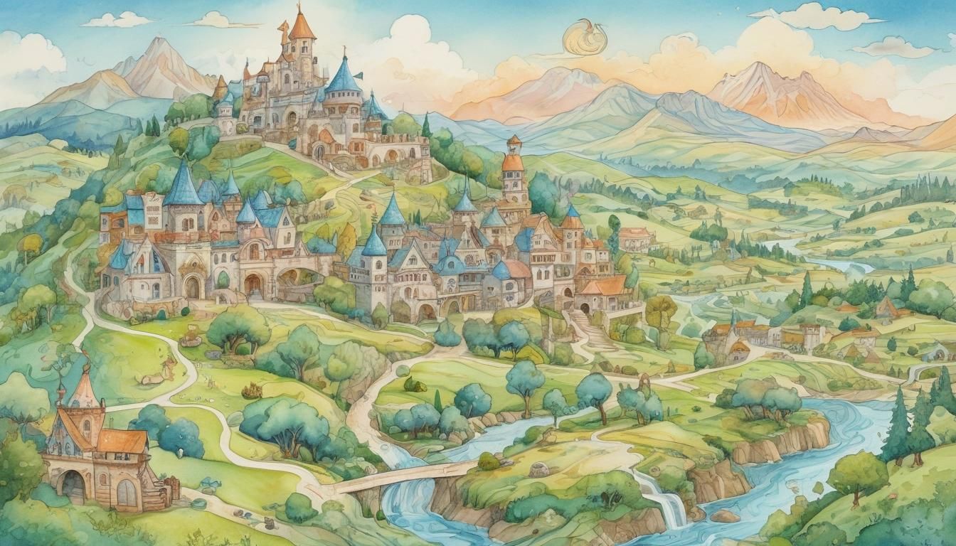 Whimsical Watercolour Map of Fantasy Architecture