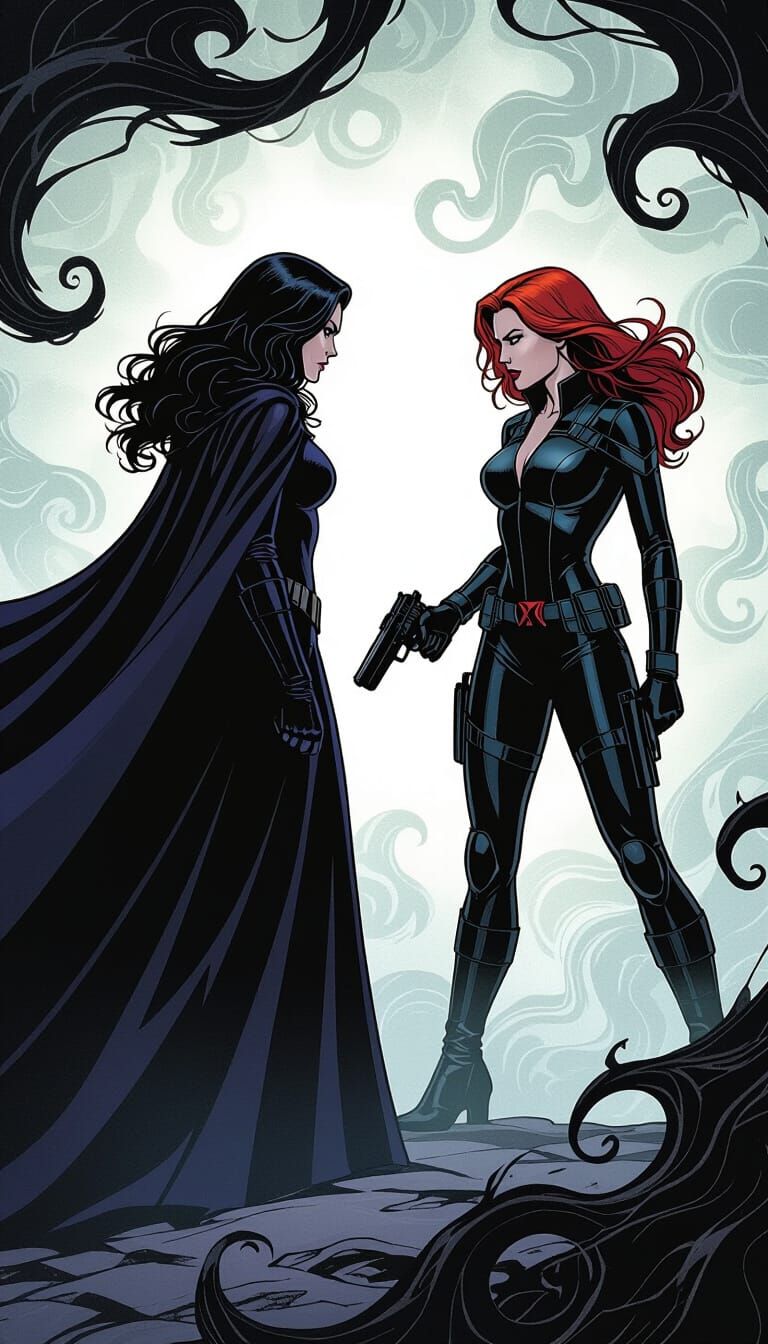 Wanda vs Black Widow in Dark Fantasy Style