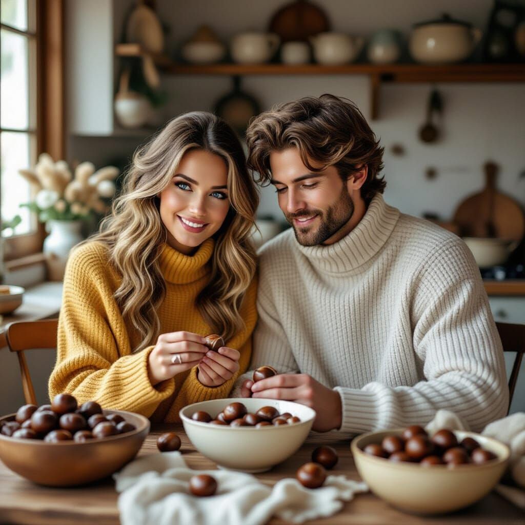 Couple Enjoys Chestnuts in Cozy Kitchen, Vintage Charm