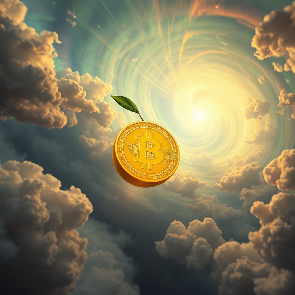 Vibrant Lemon Hovers Amidst Iridescent Clouds in Mystical Dr...