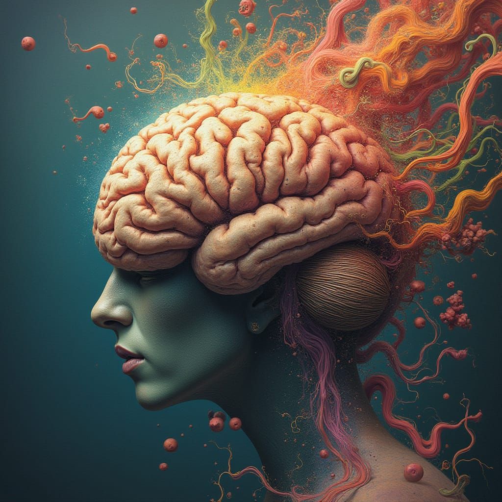 Brain Surrounded by Swirling Emotions in Surreal Style