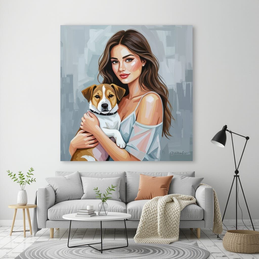 Abstract Grey Oil Painting of Woman with Dog