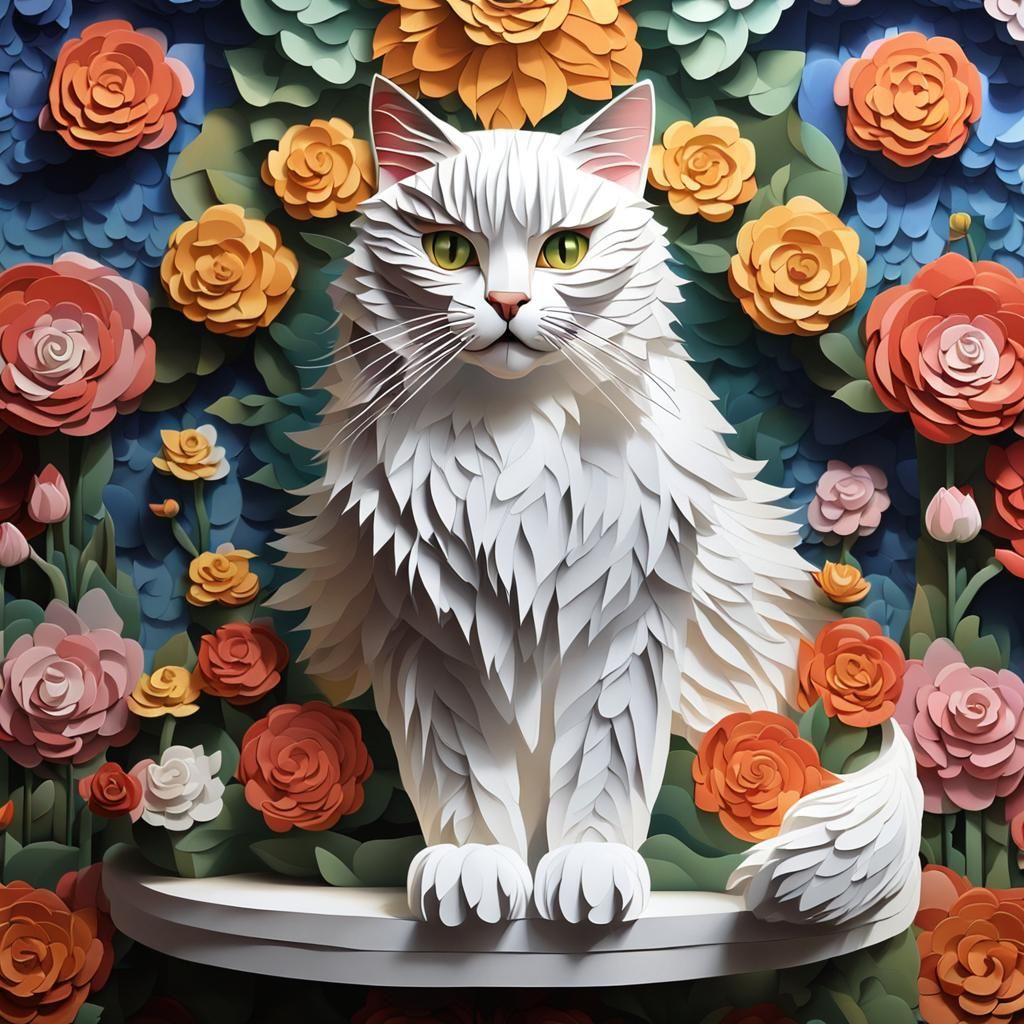 Calico Cat on Flower Throne, 3D Acrylic Art