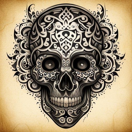 Detailed Tribal Skull Tattoo in Charcoal Style