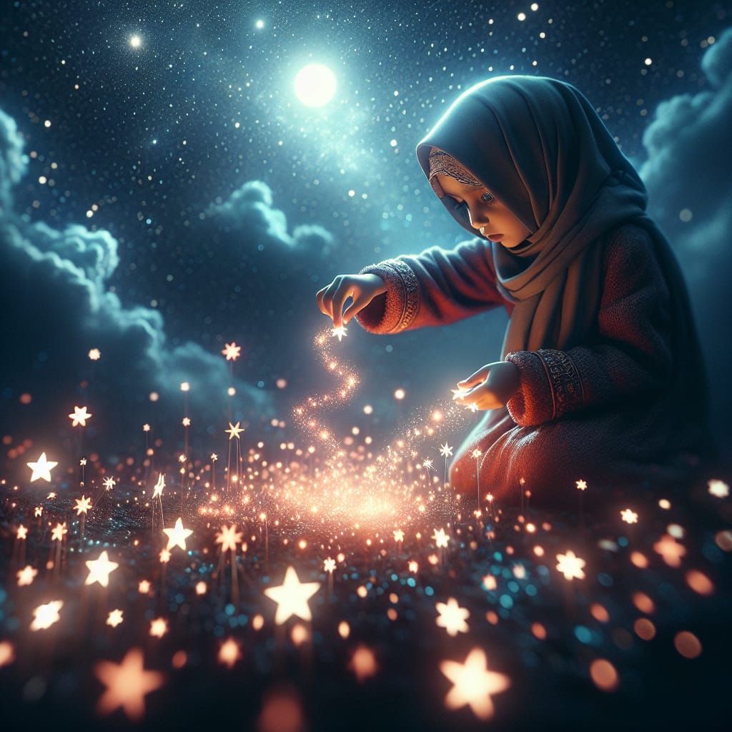 Girl Plants Luminous Stars in Fantasy Sky