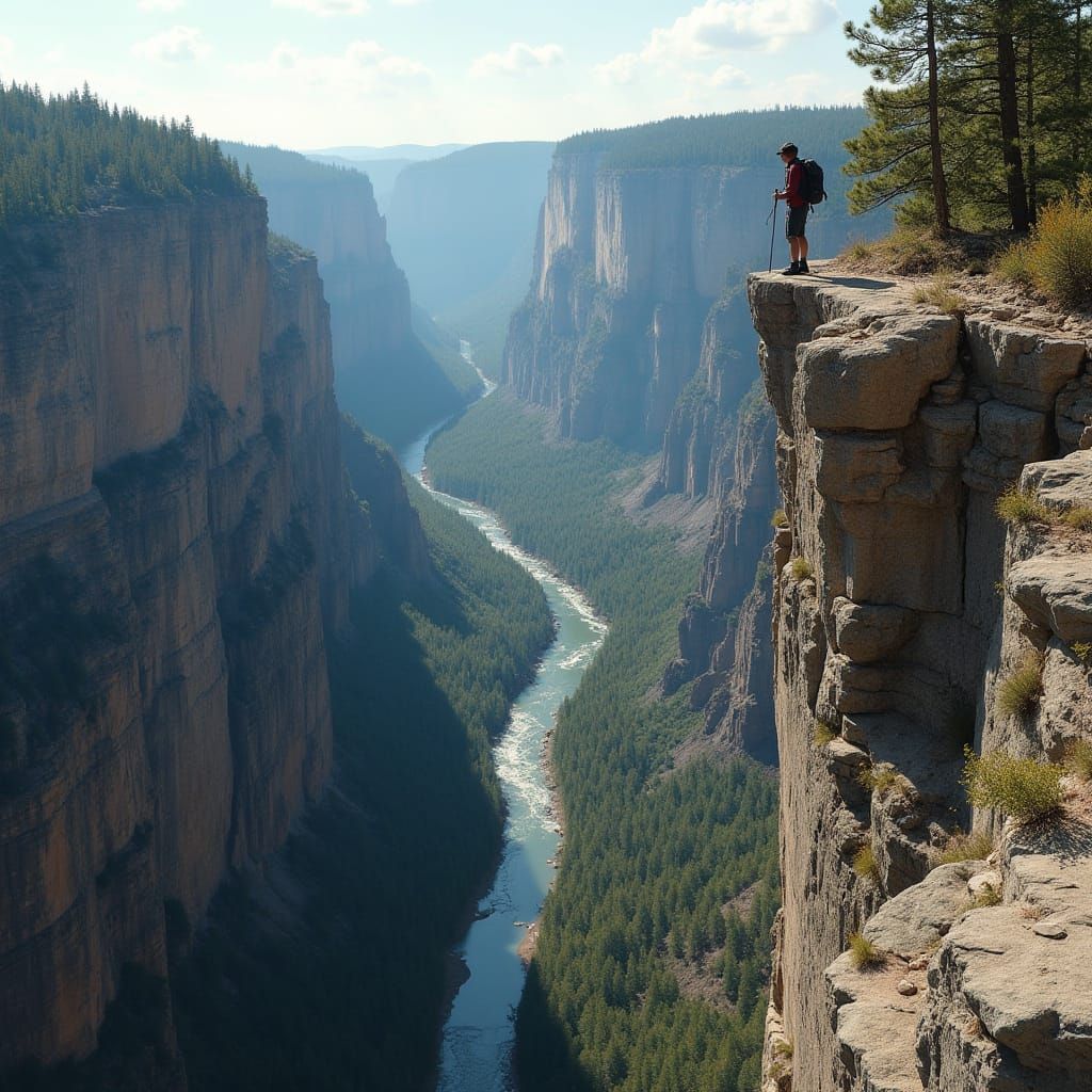 Hiker Overlooks Rocky Canyon in Photorealistic Style
