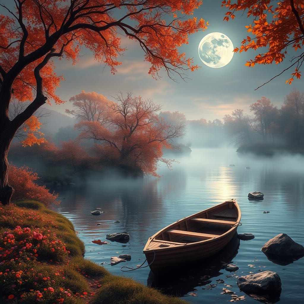 Romanticist Autumn Moonlit Landscape in HDR, Influenced by T...