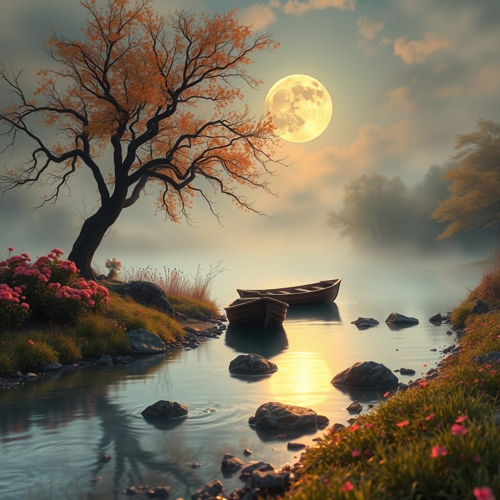 Romanticist Landscape with Twisted Trees and Lonely Boats