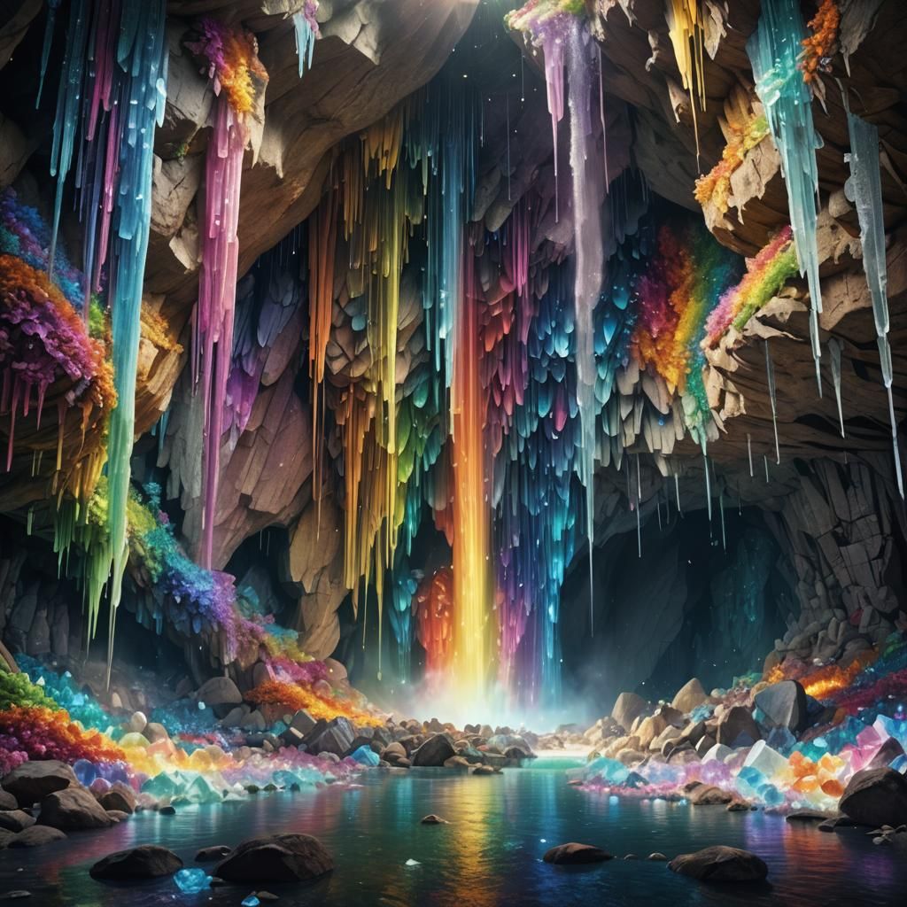 Rainbow Waterfall Crystal Cave with Dancing Fairies