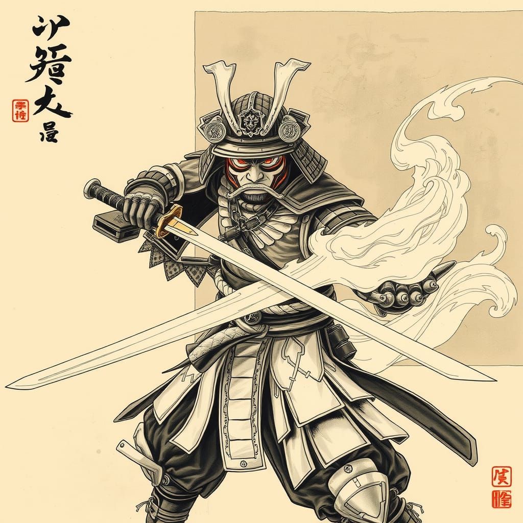 Samurai with Plasma Katana in Ukiyo-e Style