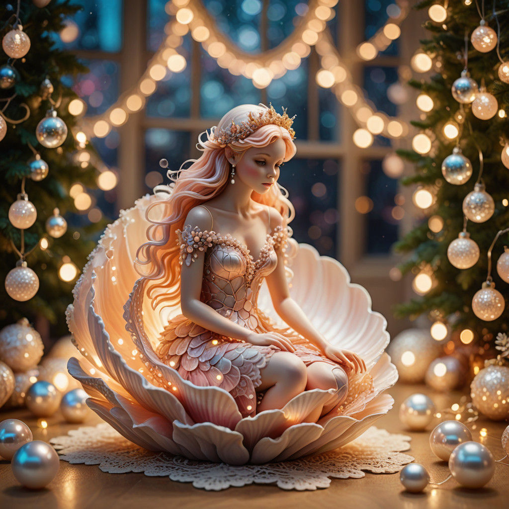 Whimsical Christmas Fairy in a Pearl Shell