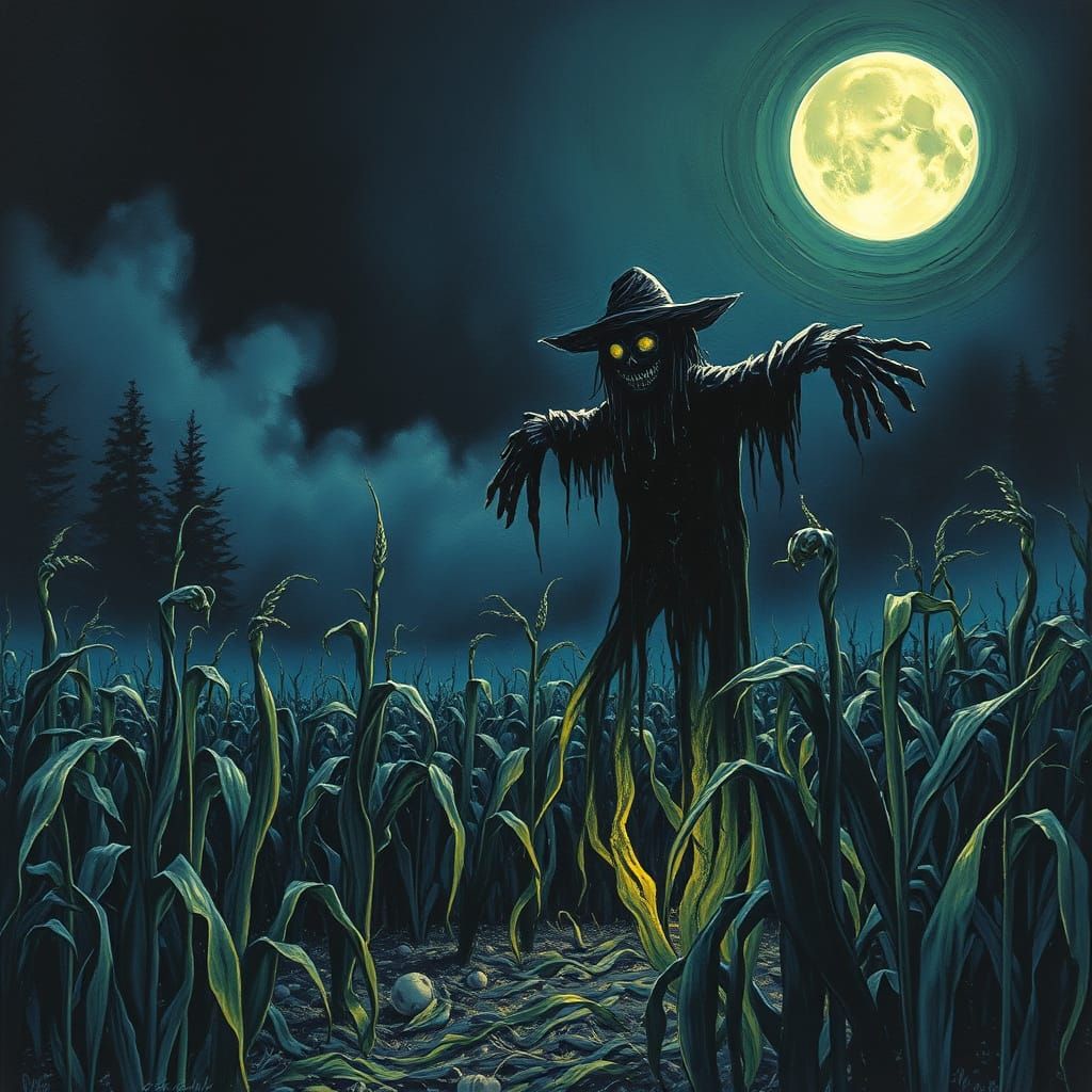 Creepy Scarecrow in Bioluminescent Moonlight Oil Painting