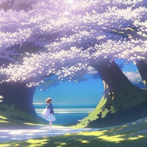 Blue Cherry Blossom Tree in Anime Style