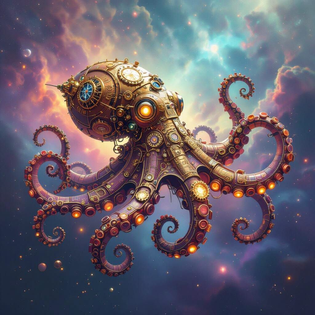 Celestial Steampunk Octopus in Cosmic Surrealism