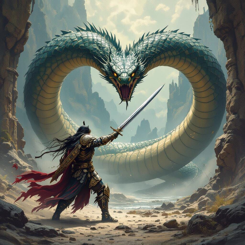 Warrior Battles Serpent in Dark Fantasy Valley