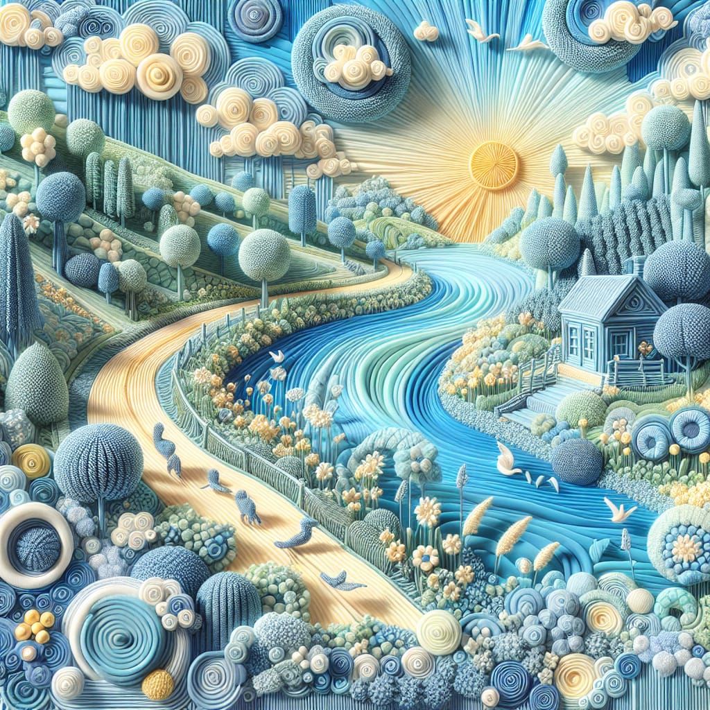 Whimsical 3D Embroidery Landscape with Dreamy Ambiance