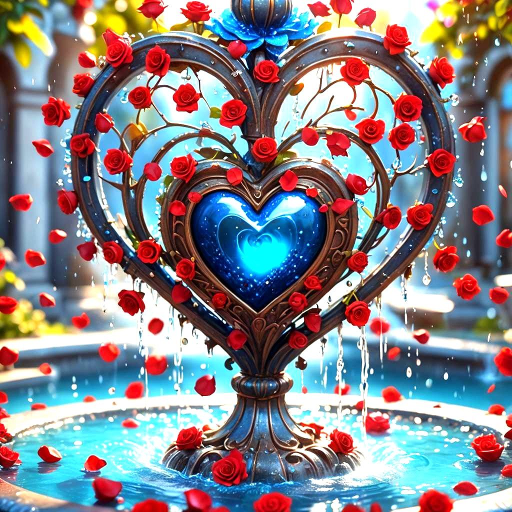 Heart Fountain with Roses in Blue Water