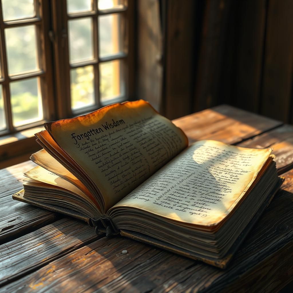 Weathered Book on Rustic Table: Forgotten Wisdom