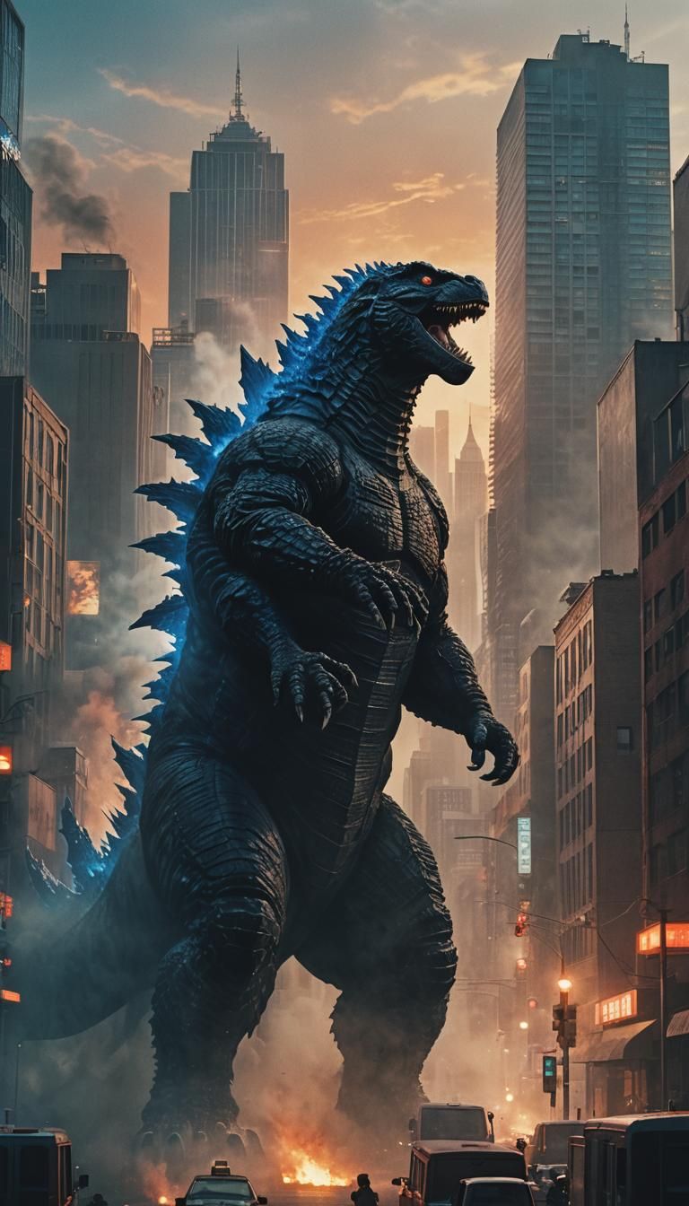 Godzilla Roars in Cinematic Cityscape at Dusk