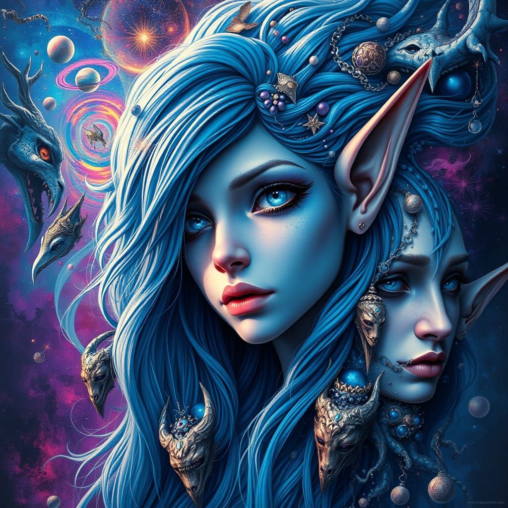 Surreal Celestial Goddess in Vibrant Cosmic Dreamscape