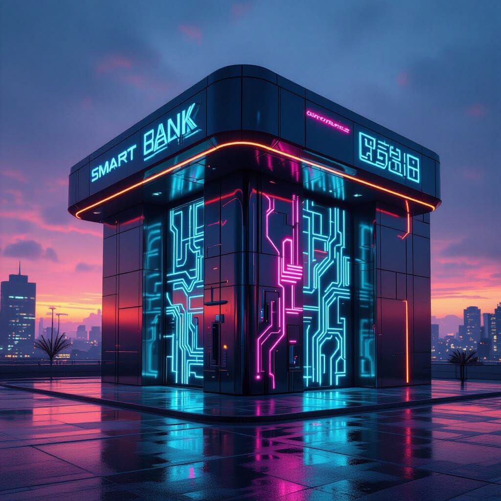 Futuristic Smart Bank Building in Cyberpunk Style