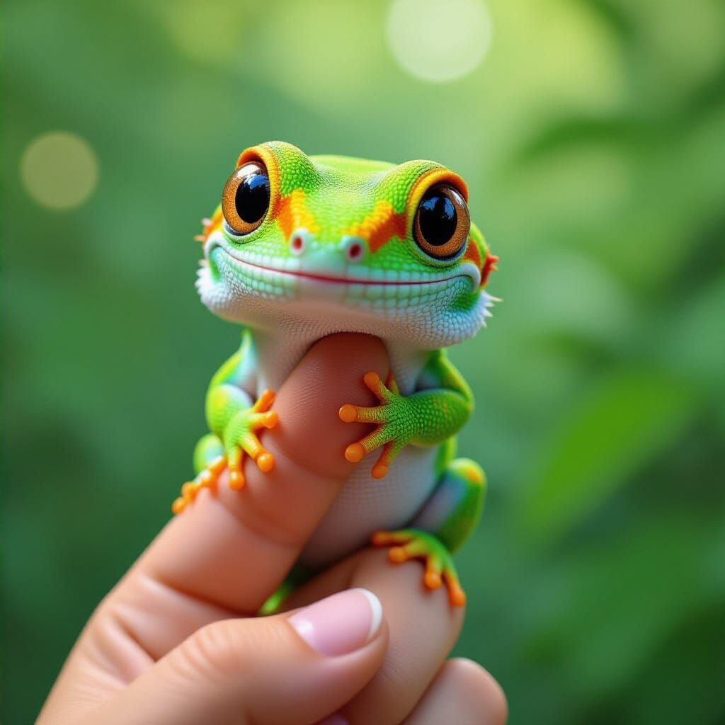 Kawaii Gecko on Finger in Detailed Digital Art
