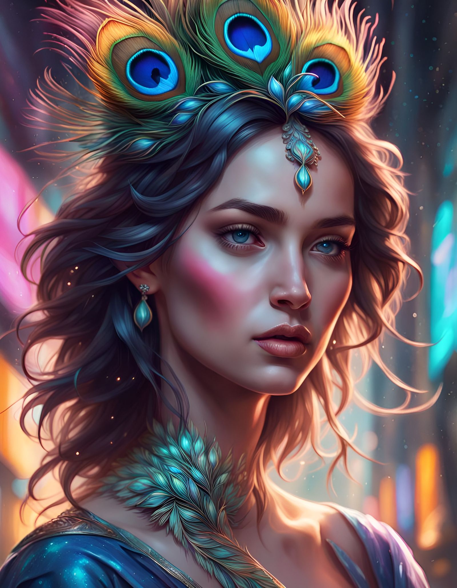 Cosmic Peacock Princess Portrait in Digital Art Style