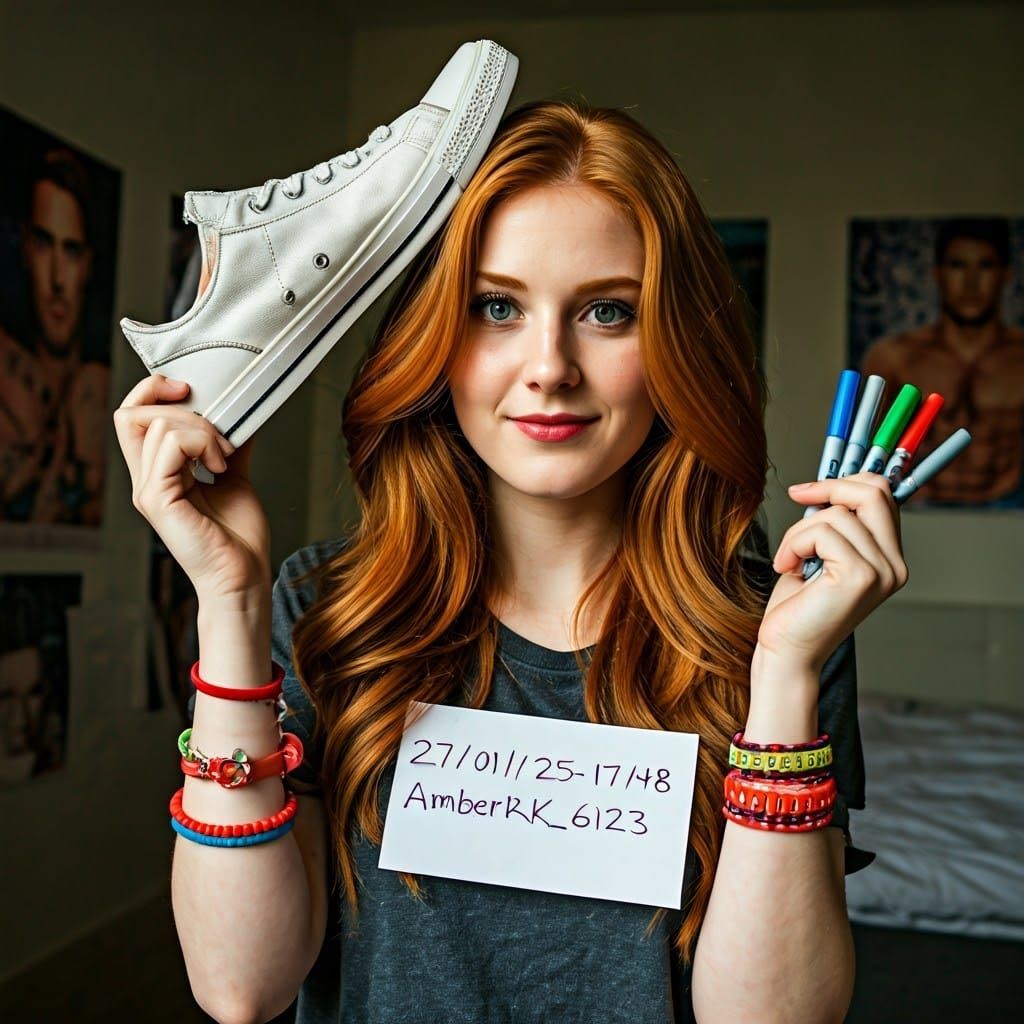 Red Haired Woman in Bedroom with Posters of Male Models