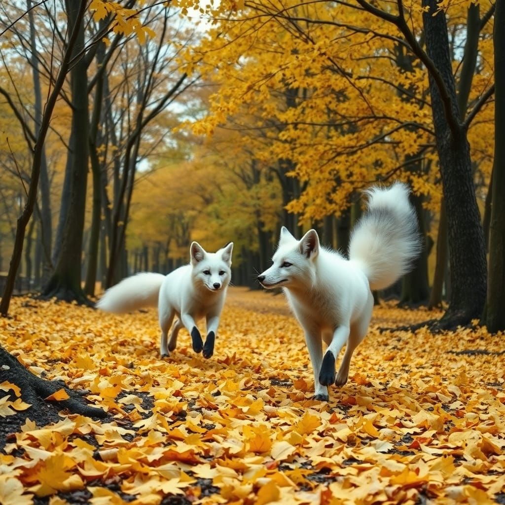 Two White Foxes Chase Through Autumn Grove