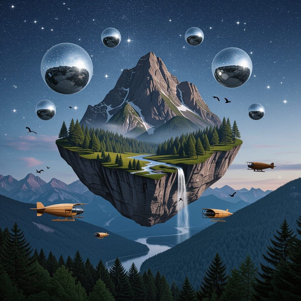 Floating Rock Mountain with Wooden Airships