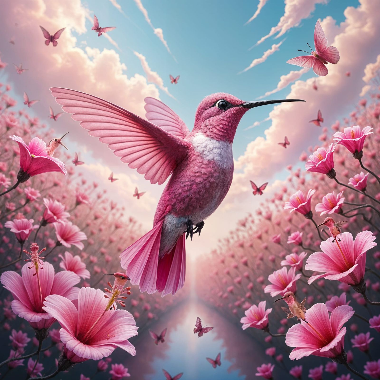 Glamorous Pink Hummingbird in Vibrant Floral Paradise