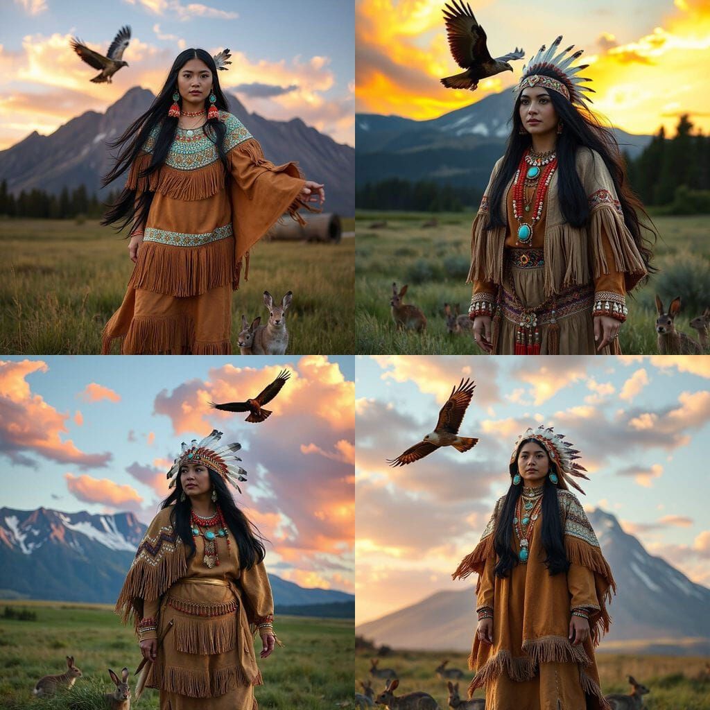 Native American Princess in Traditional Regalia at Sunset