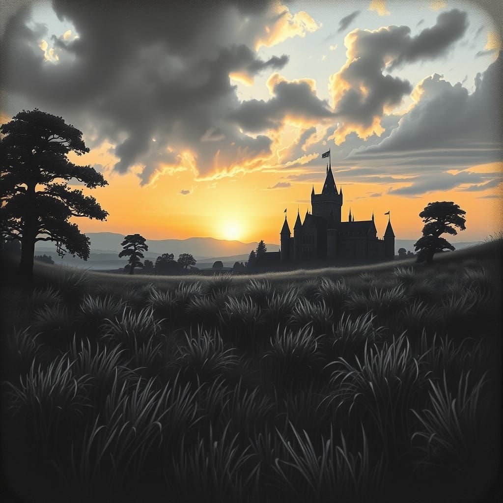 Hyrule Field at Sunset in Hyperdetailed Charcoal