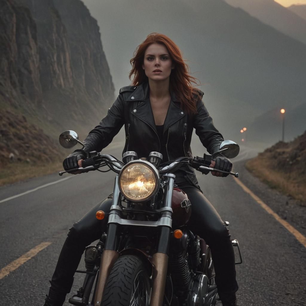Auburn Haired Biker on Triumph Bonneville at Sunset