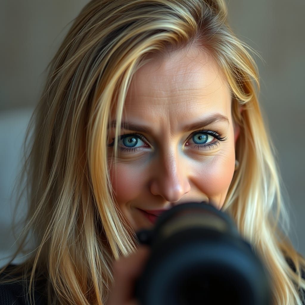 Blonde Woman with Long Hair in a Catogan Looks Mischievous i...