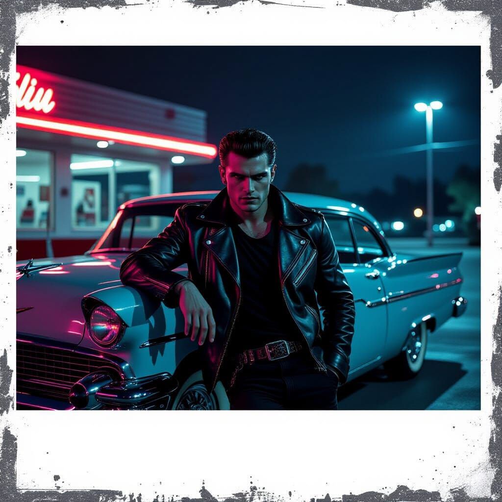 Greaser Vampire in 1950s Diner, Cinematic Still