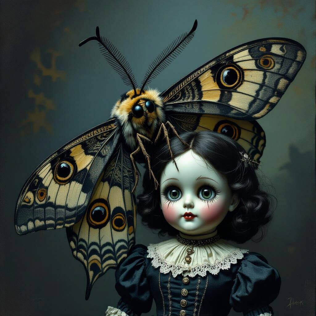 Giant Moth Clutches Creepy Victorian Doll in Horror Style